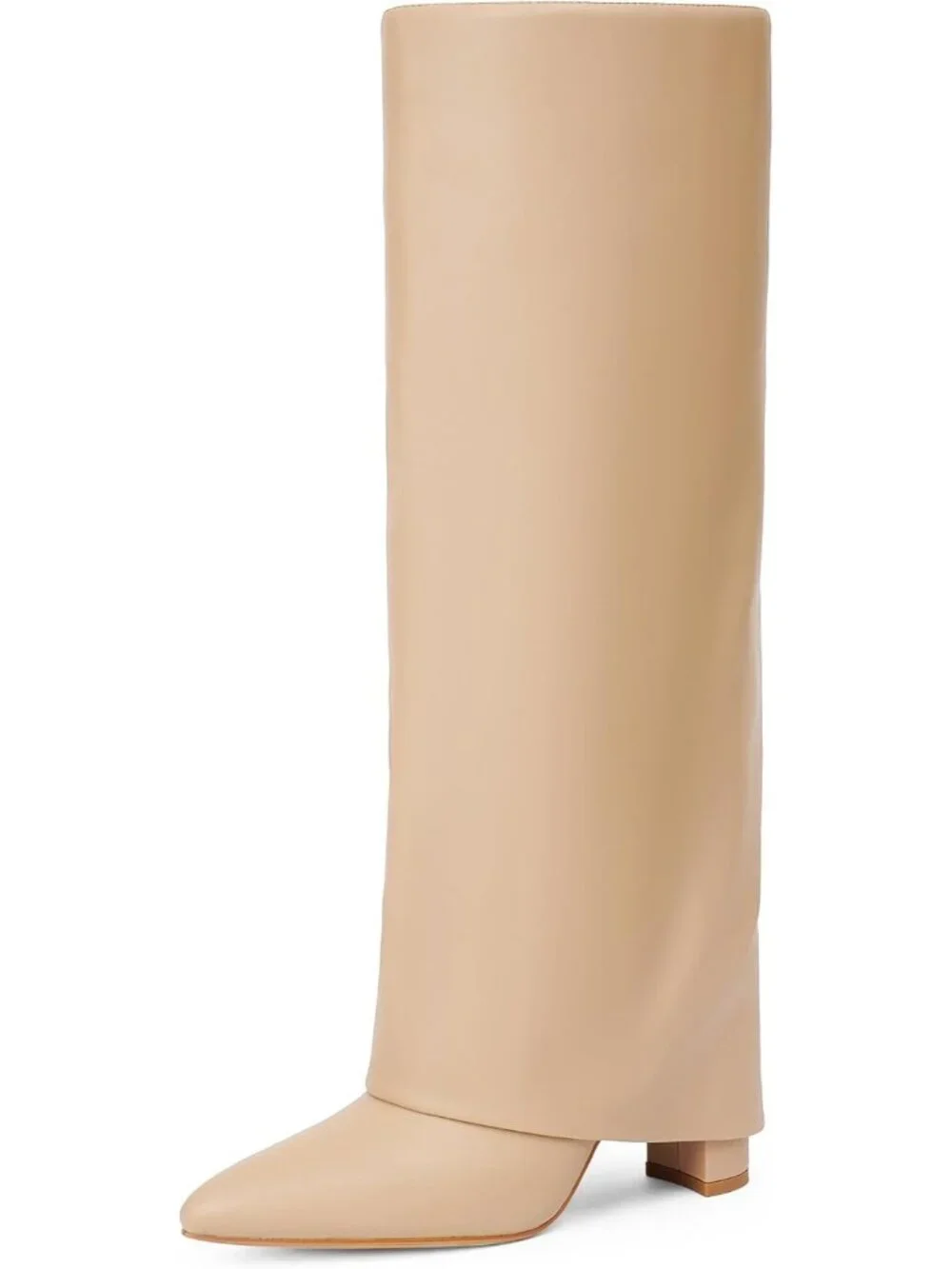 Women's Nude Pu Pointed Toe Chunky Heel Faux Leather Over The Knee Boots